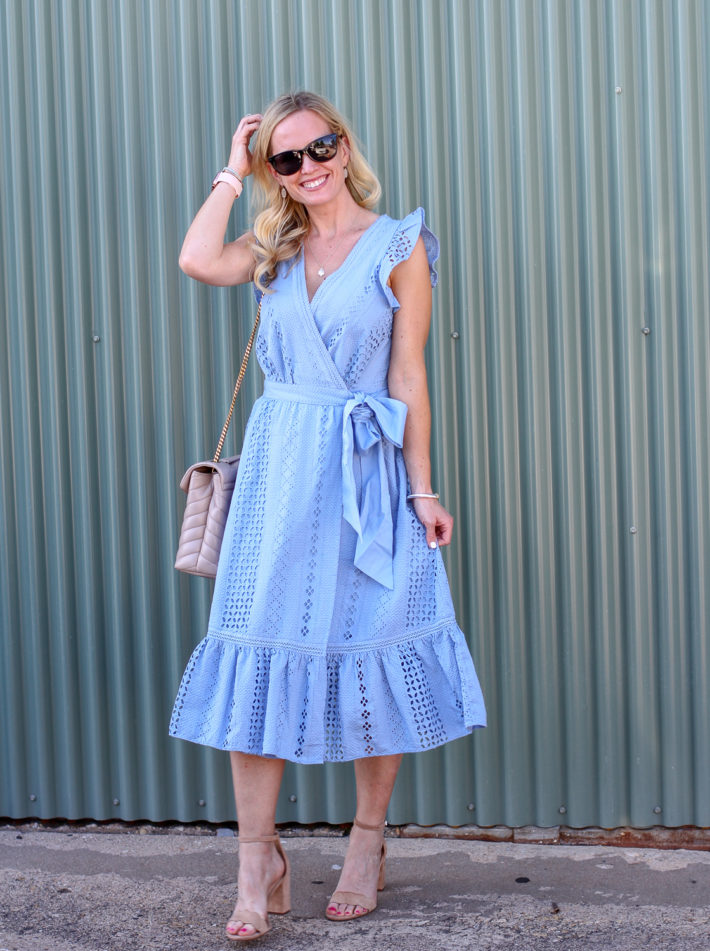 Midi wrap dress store in allover eyelet